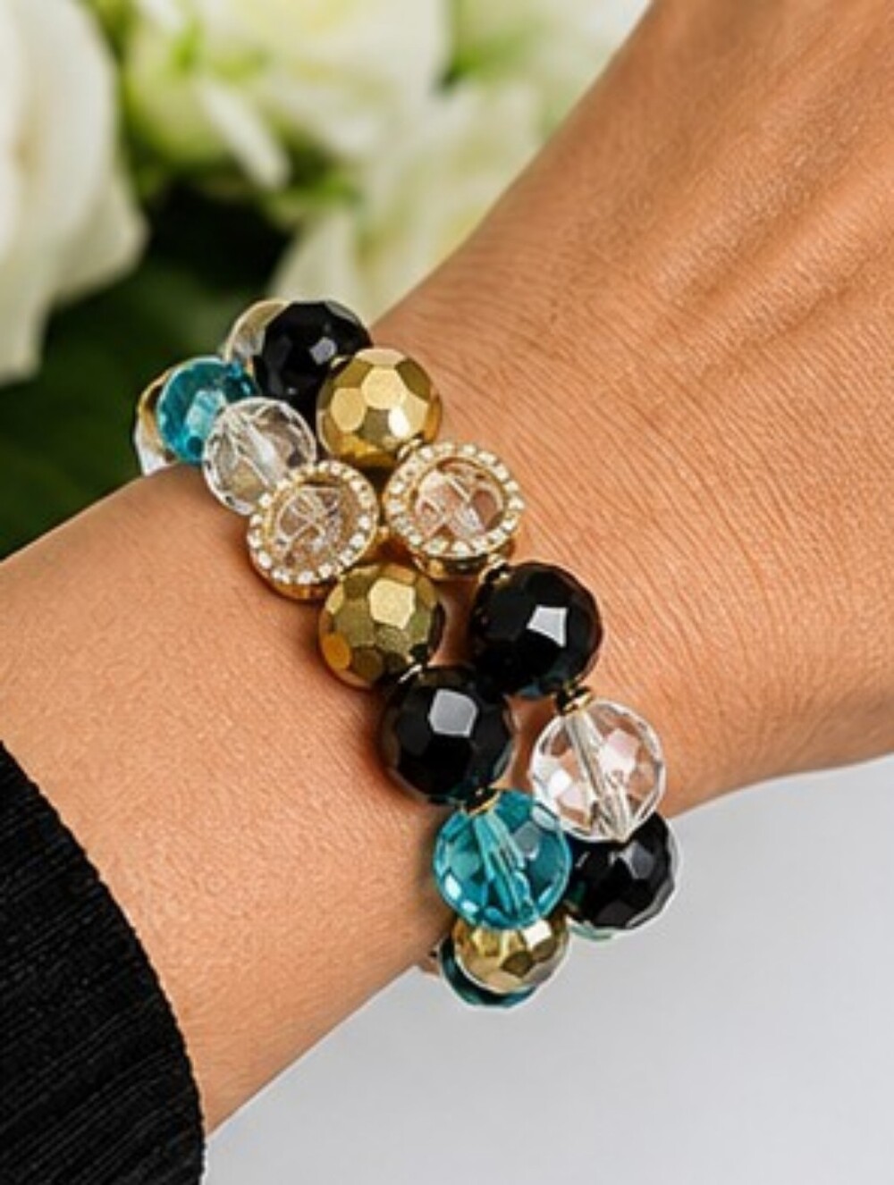 Y2K Double Row Crystal Glass Bead Stretch Bracelet | Black Gold Teal Rhinestone